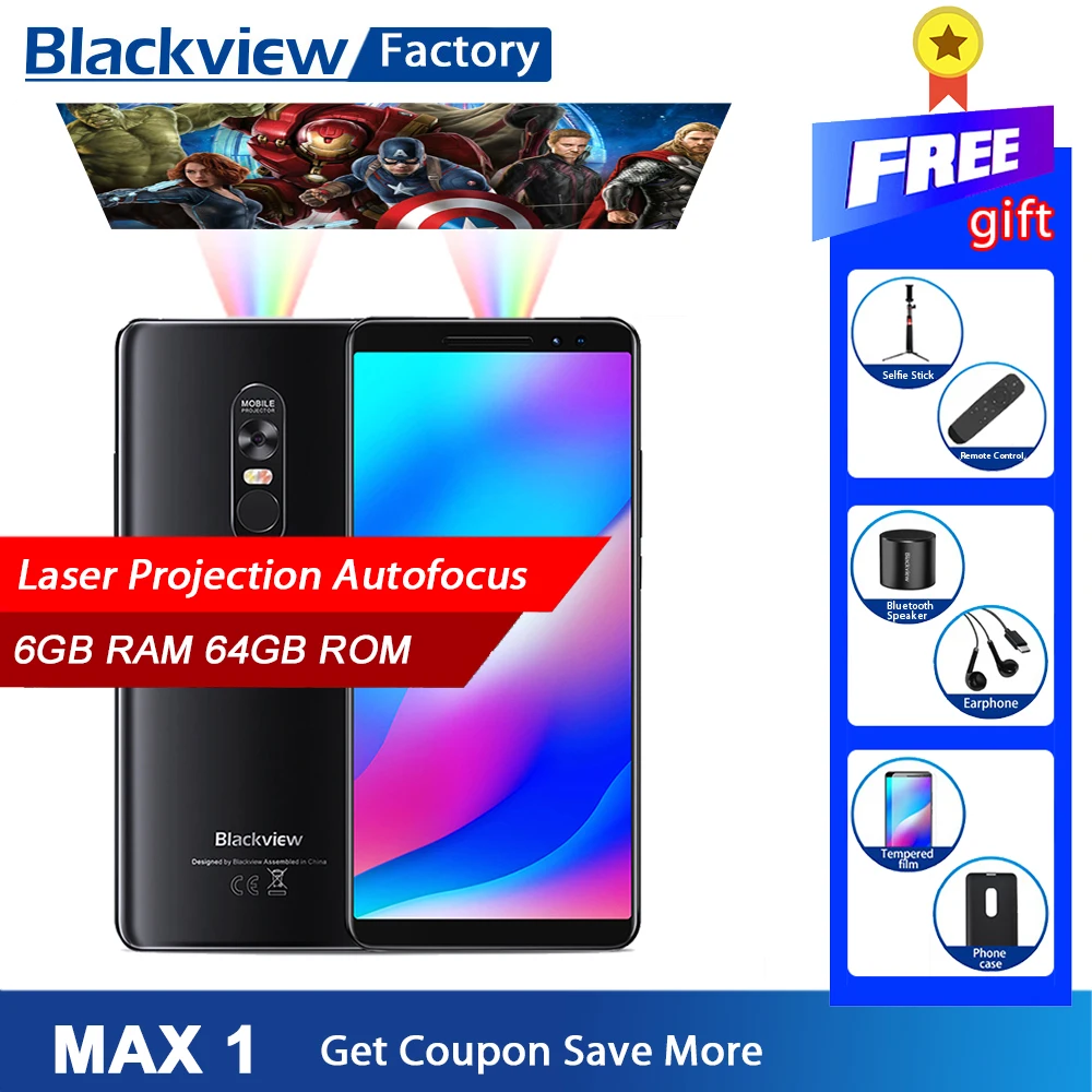 BLACKVIEW MAX 1 смартфон с лазерной проекцией 6 ГБ 64 Android 8 01 дюймов Восьмиядерный