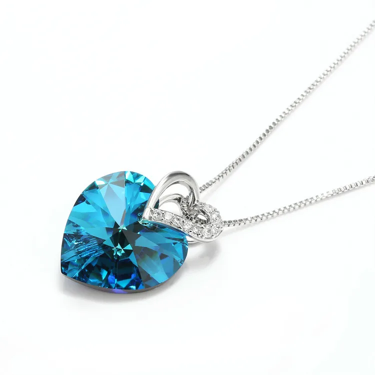 Ювелирный Набор для женщин с кристаллами Swarovski, ожерелье с подвеской в виде сердца из голубого хрусталя, серьги-гвоздики, подарочный набор
