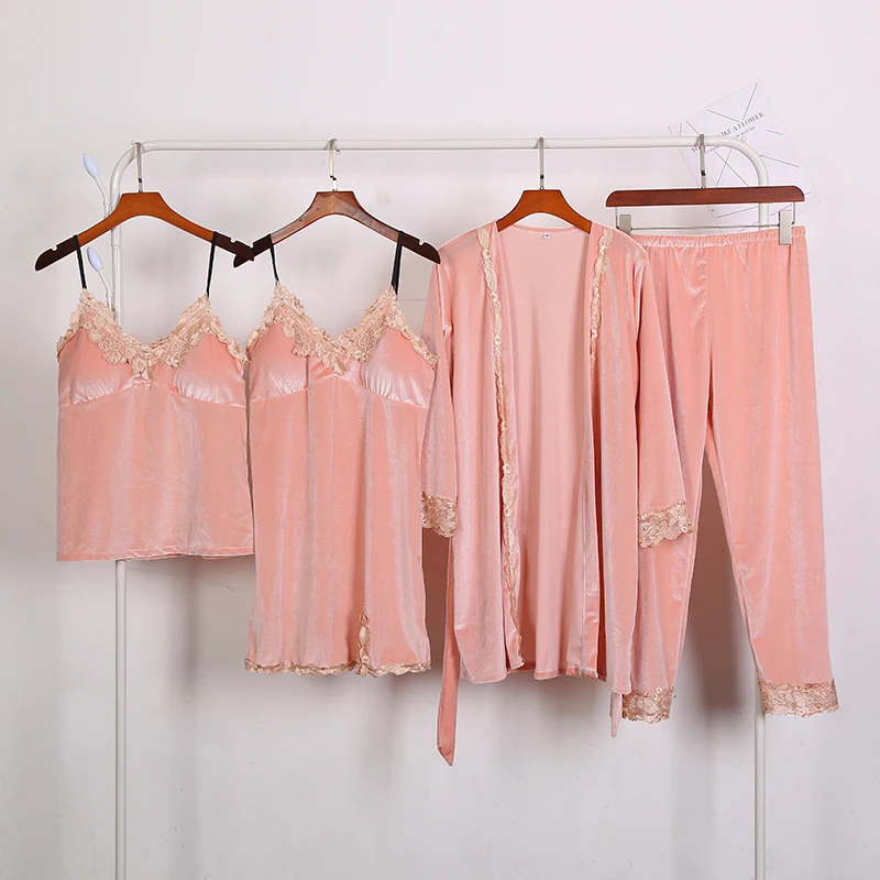 Комплект из 4 предметов Женский пикантный Велюровый комплект для сна халат