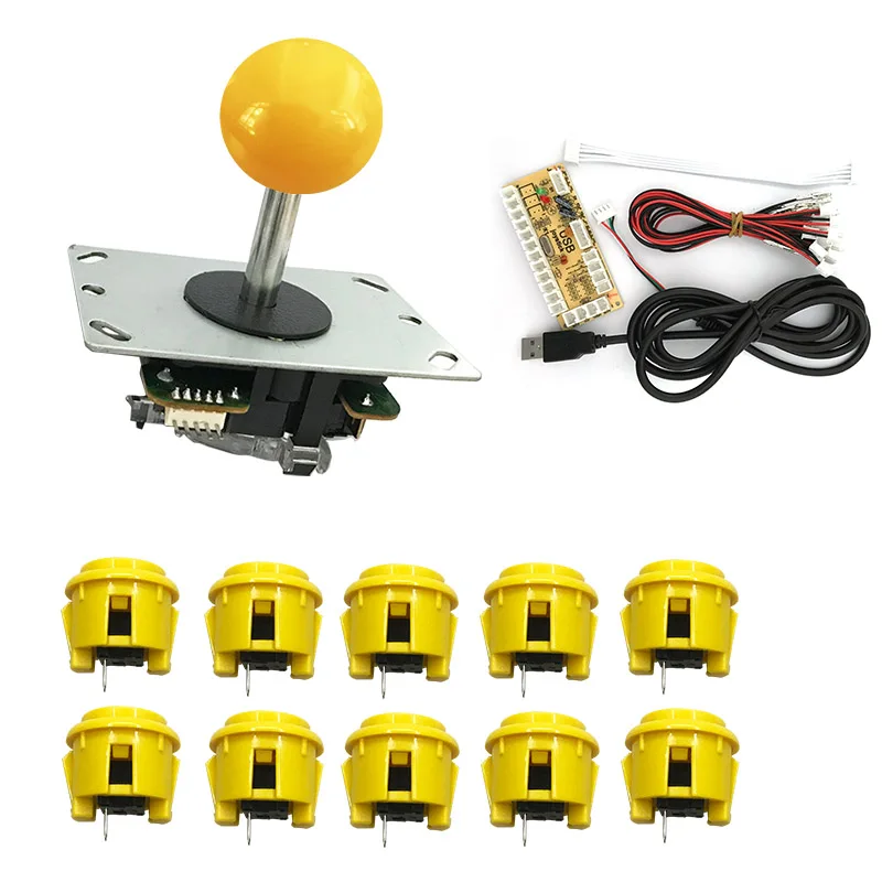 yellow 2 игрока управления USB энкодер для ПК игры 2 рокер+ 20 светодиодный кнопочный кнопки с подсветкой для аркадного джойстика DIY наборы деталей - Цвет: yellow