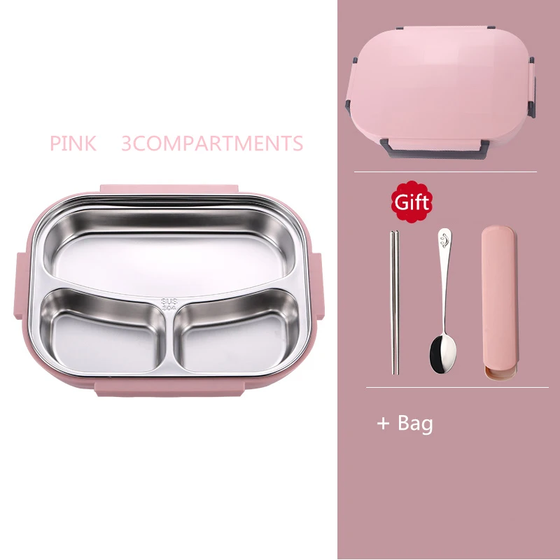 Pink 3 bag ONEUP коробка для обедов из нержавеющей стали Экологичная Bento коробка с мешками и столовыми приборами термоконтейнер для хранения продуктов для взрослых студентов - Цвет: Pink 3 bag