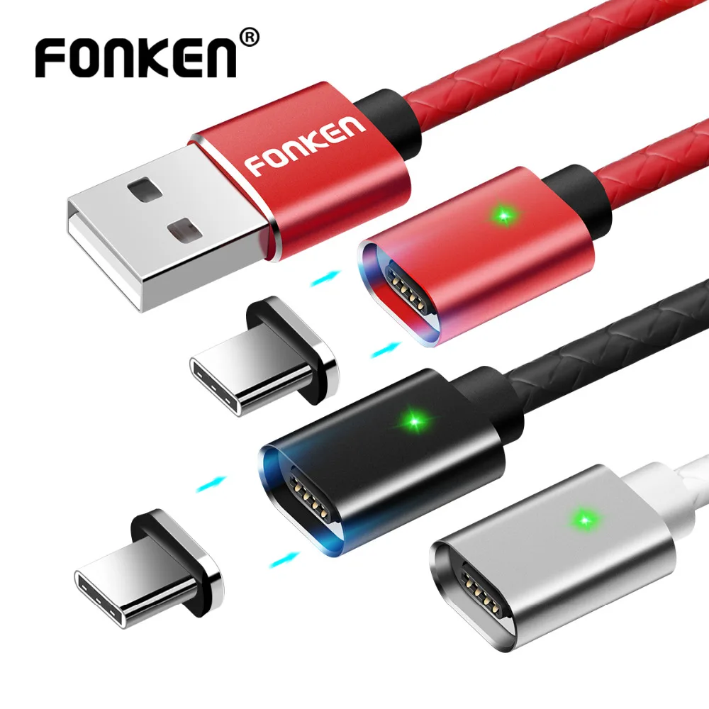 Магнитный кабель FONKEN usb type C для быстрой зарядки, магнитный кабель USB C для синхронизации данных, кабели для телефонов, быстрая зарядка, светодиодный шнур для мобильных телефонов type-C