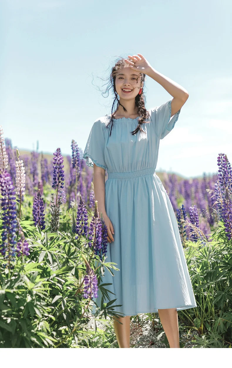 INMAN Summer New Arrival Agaric Lace O-neck Lace Sleeve Elastic Waist Goddess Style Women Dress