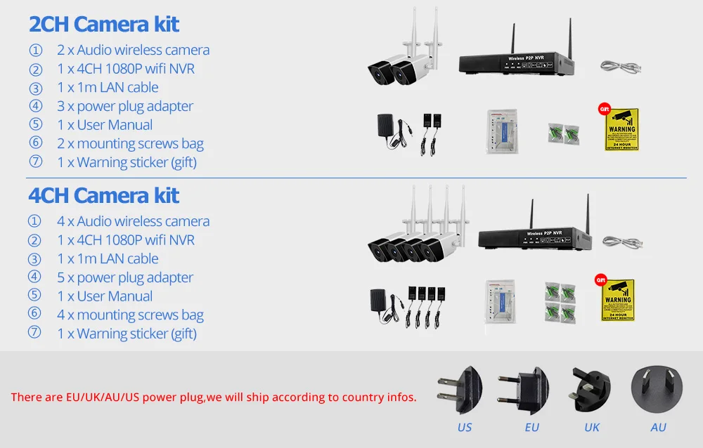 Wetrans камера безопасности 1080P Аудио HD CCTV Wifi камера NVR комплект видеонаблюдения беспроводной открытый водонепроницаемый 4CH 2CH