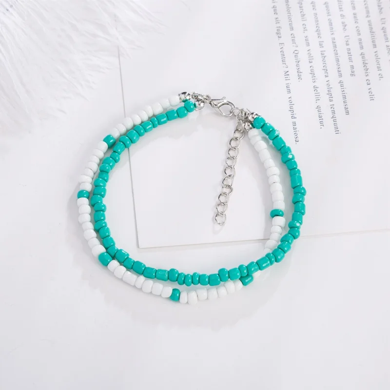 Двухслойный браслет на ногу из бисера для женщин зеленый белый полимерный бисер