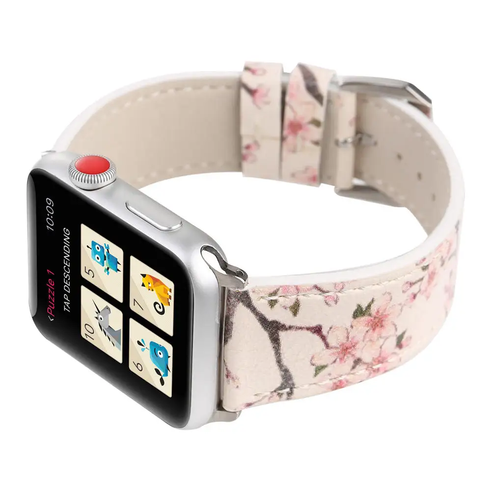 С цветочным принтом кожаный ремешок для наручных часов Apple Watch серии 1/2/3/4/5 Группа 44 мм, 42 мм, 40 мм, 38 мм, версия сливы цветок Дизайн наручные часы браслет