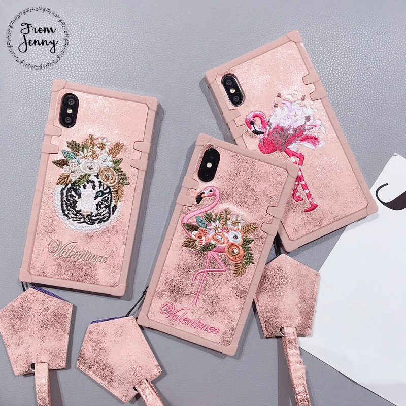 From Jenny Fabric Embroidery Flamingo Phone Case for iphone 8 8plus 7 7plus 6/6S Plus X Pink Soft Back Cover |