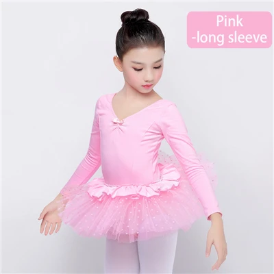 Pink Long Sleeve Хлопковое танцевальное балетное платье с длинными/короткими рукавами и круглым вырезом для девочек детская юбка-пачка принцессы балетные костюмы розового цвета с Лебединым озером - Цвет: Pink Long Sleeve