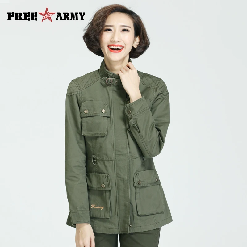 

FreeArmy Brand Women Stand Collar Trench Coat Multi-Pocket Slim Medium-Long Outerwear Female GS-827