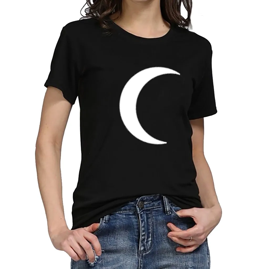 Женская футболка размера плюс с Луной летний Повседневный Топ круглым вырезом