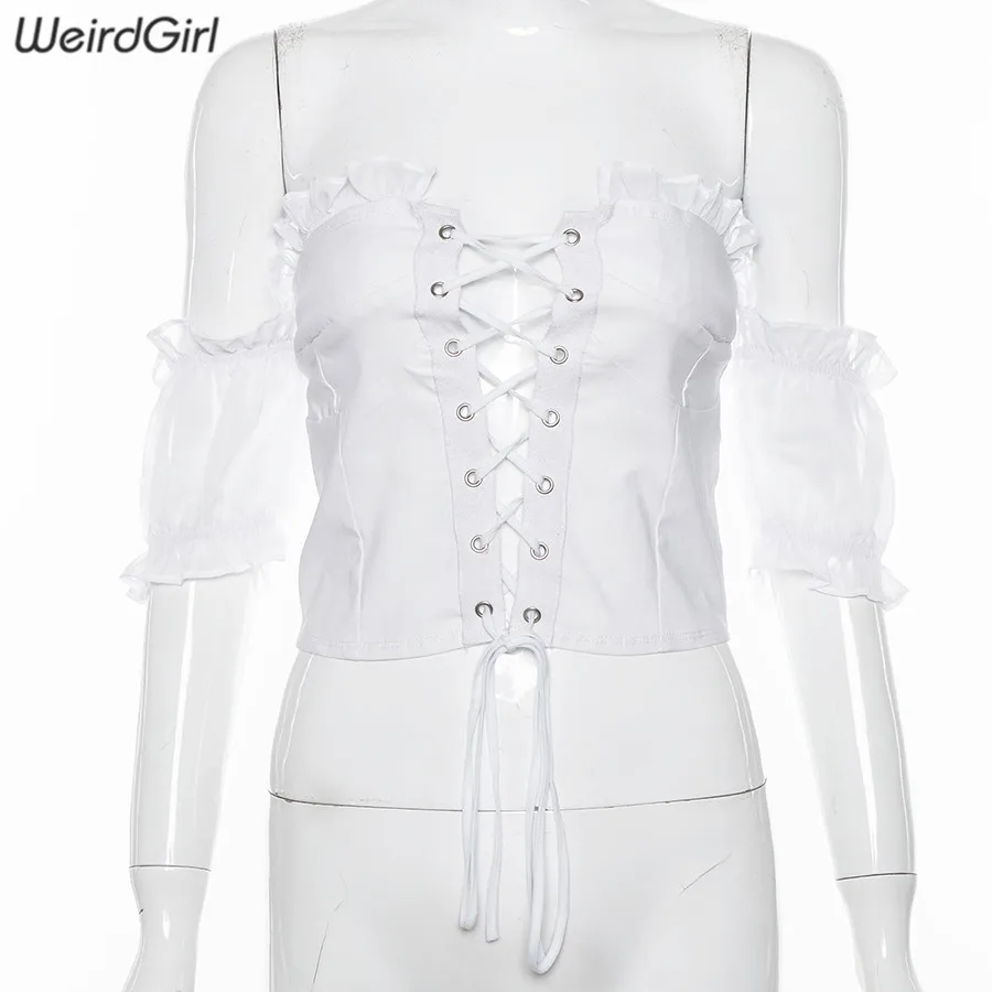 Weirdgirl, женские футболки, сексуальные и Клубные, модные, женские, бандажные футболки, короткий рукав, с открытыми плечами, одноцветные, для девушек, летние, базовые футболки, новинка