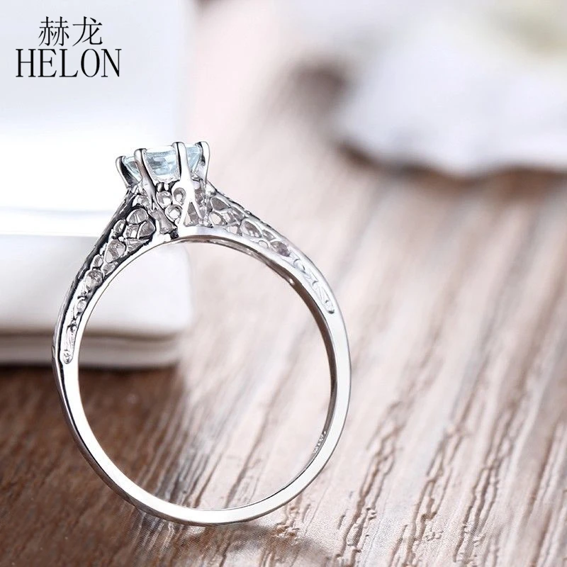 HELON Solid 14K белое золото круглый 4 5 мм Натуральный аквамарин женское кольцо для