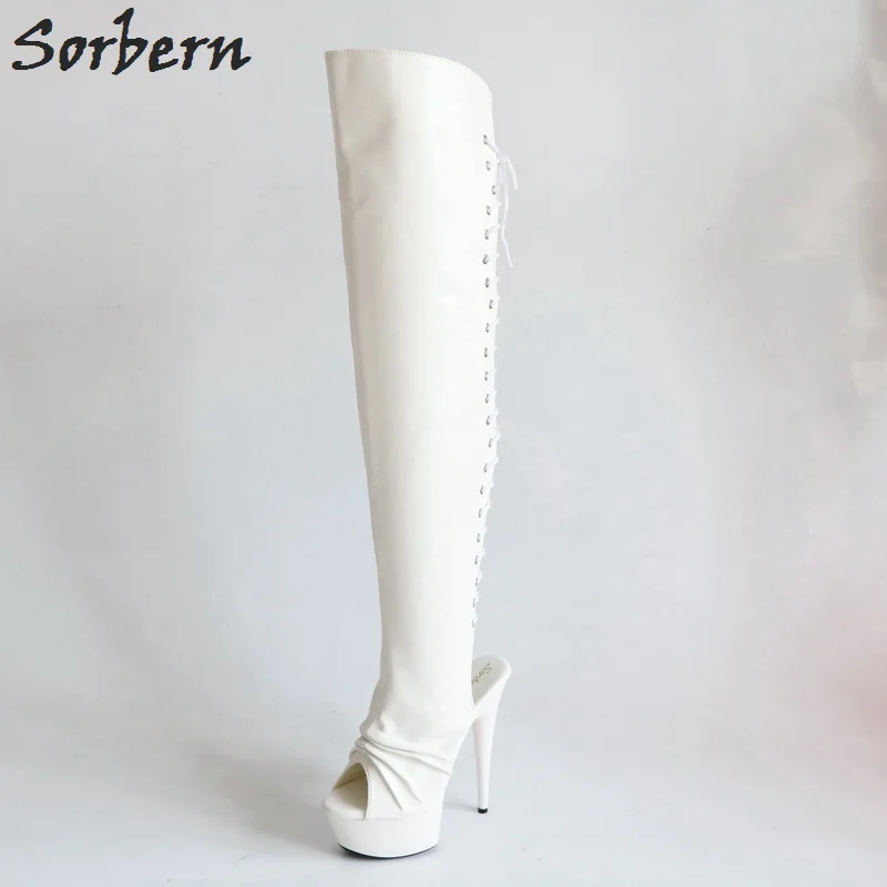 Sorbern Fashion Over The Knee Boots For Women Open Toe Lace Up Back Custom Leg White Boots Opening Of The Boot Women Wide Fit