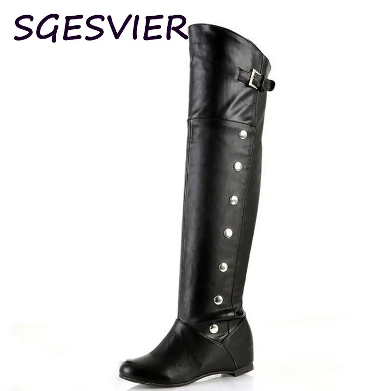 black SGESVIER/Сапоги до колена зимняя женская обувь элегантные сапоги модные женские высокие сапоги без застежки, увеличивающие рост Большие размеры 34-47, OX002 - Цвет: black