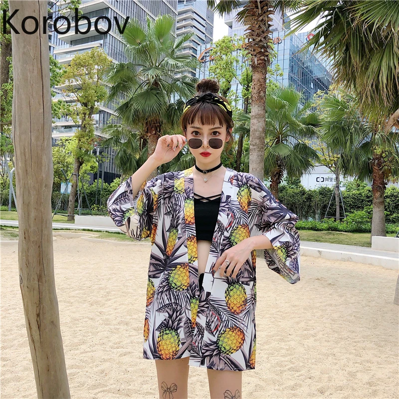 Korobov летнее солнцезащитное японское кимоно кардиган блузка Harajuku свободная с