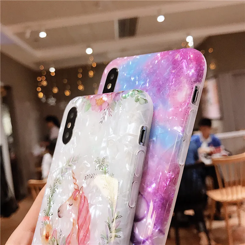 Цветной мраморный чехол для iPhone 7 8 Plus, эпоксидный силиконовый чехол с единорогом и блестящей раковиной из мягкого ТПУ для iPhone 6S Plus X XS XR Max