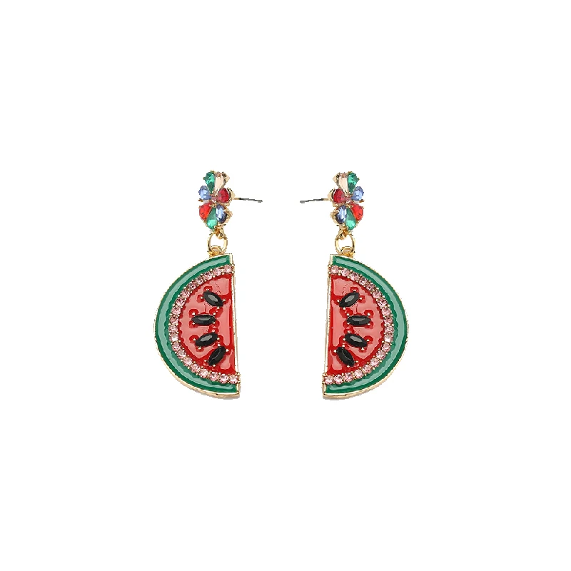 Yhpup Trendy Creative Fruit Watermelon Dangle Earrings Sweet Personality Rhinestone Earrings for Female Summer Jewelry Hot Sale