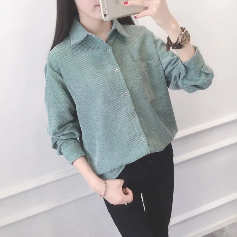 Размера плюс вельветовые blusas хлопковая рубашка женские топы с длинными рукавами Модная Повседневная Блузка Femme