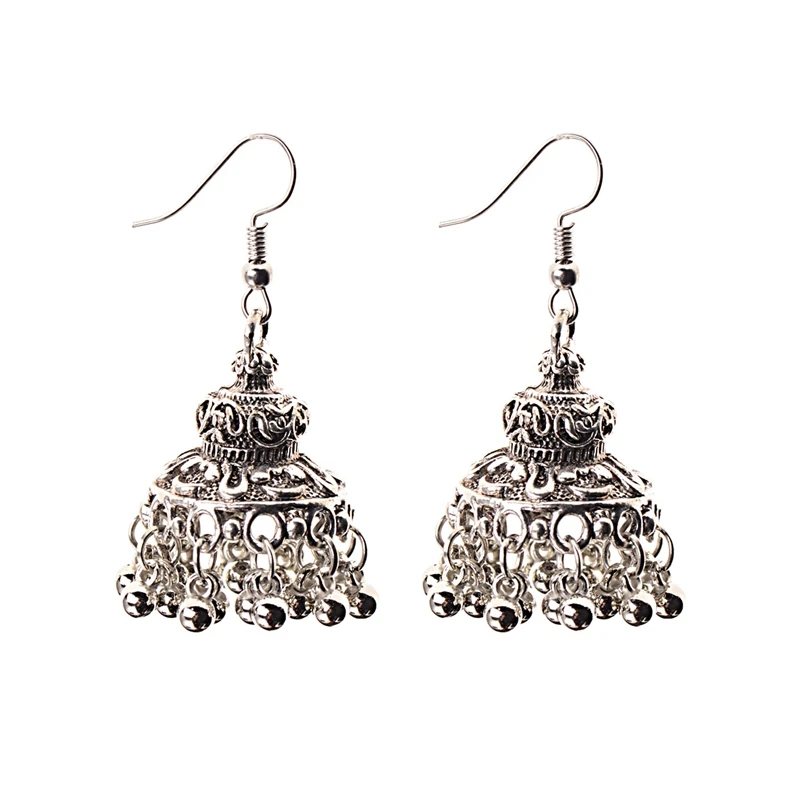 HXE059-1 TopHanqi, серебряный цвет, античный этнический индийский Jhumka Jhumki, женские серьги, богемные серьги-капли для женщин, цыганские украшения - Окраска металла: HXE059-1