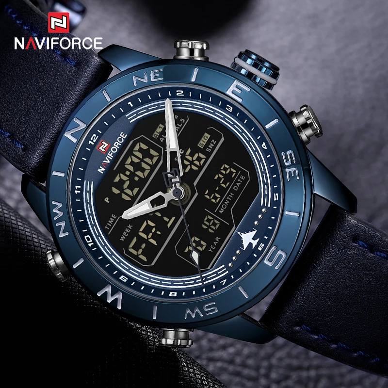 NAVIFORCE 9144 Модные мужские синие кожаные спортивные часы s светодиодный аналоговые