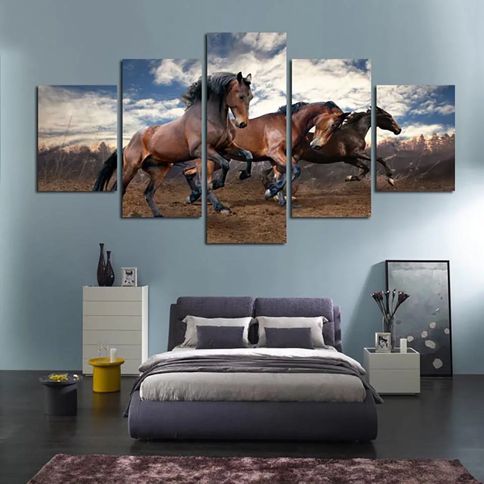 

Modern Home Decor Living Room Canvas 5 Panel Fine Horse Running Framework Wall Art Poster HD Print Painting Modular Pictures
