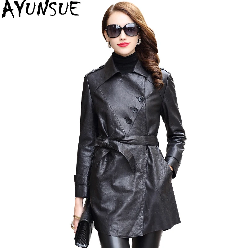 

AYUNSUE Women Genuine Leather Jacket Long Slim Natural Sheepskin Coat 2020 Autumn Winter Real Leather Trench Coats HQ18YWD8007A
