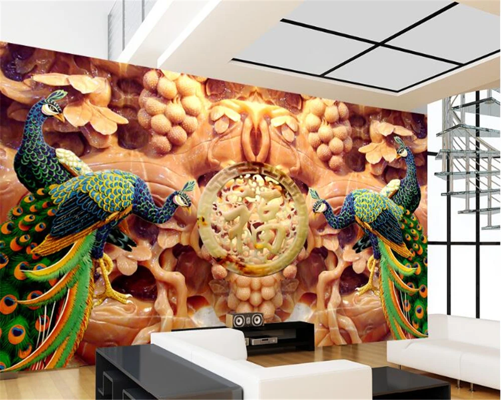 beibehang Advanced Wallpaper Jade Carp Peacock Nafu TV Backdrop Decorative Paintings papel de parede 3d wallpaper tapety | Обустройство