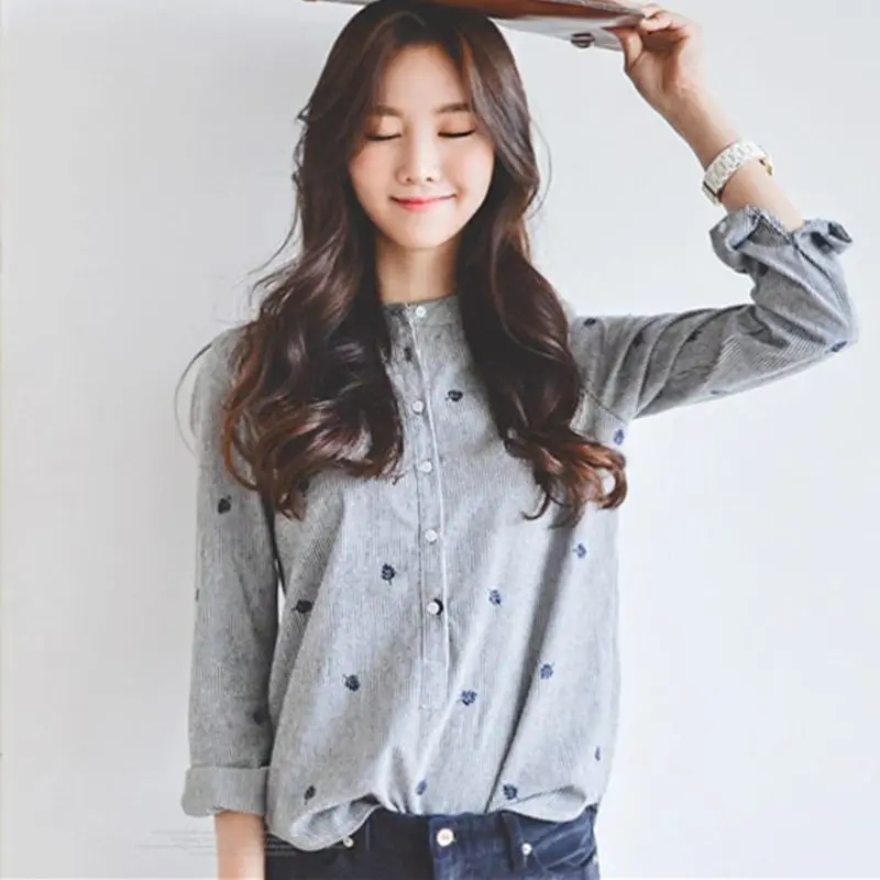 

New Fashion Women Shirts 2020 Spring Summer Fashion Casual Slim Shirts Embroidery Striped Stand Collar Female blouse BS089