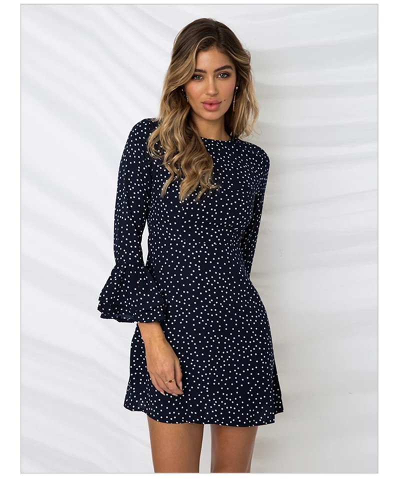 Vintage Polka Dot Dress Women Autumn Long Flare Sleeve Ruffles Vestidos Casual O-neck Black Bodycon Party Boho Dresses Mini