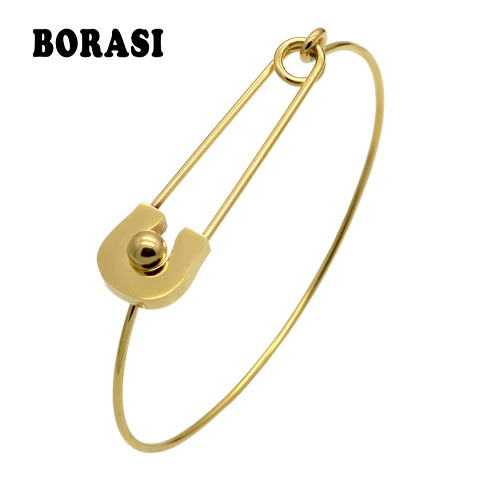 

Personality Vintage Simple Stainless Steel Metal Plain Nautical Pin Wire Bangle Thin Gold Color Bracelet For Birthday Gift