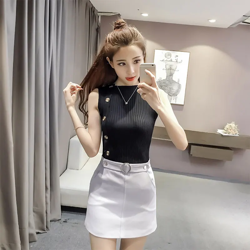 Shintimes, эластичные топы, летние, полосатые, винтажные, Camiseta, Tirantes Mujer, Camis,, на пуговицах, безрукавка, женский, хлопок, Haut Femme