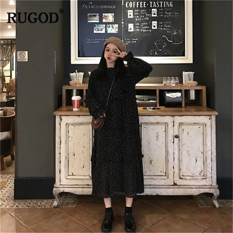 RUGOD 2019 женское платье с цветочным принтом рукава-фонарики миди свободное
