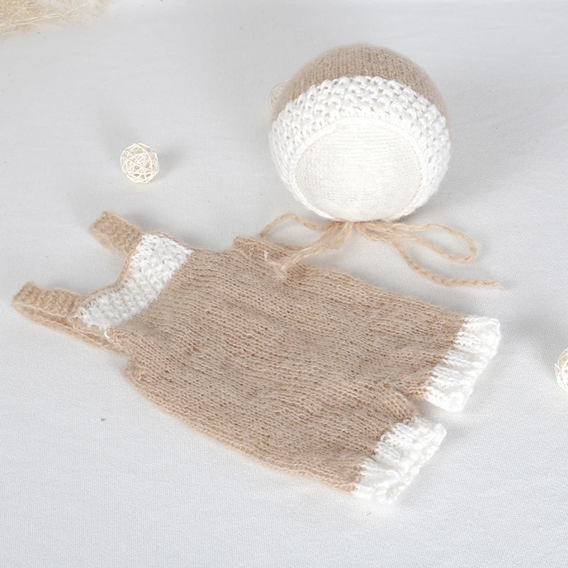 

Baby romper set Handmade knitted soft bonnet and pant outfit Newborn mohair hat Newborn photography props