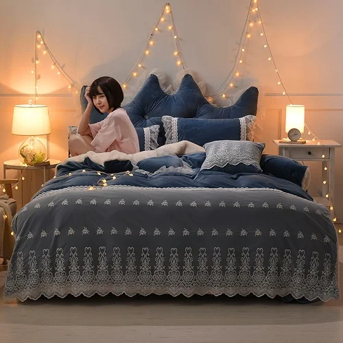 6 Blue Pink Purple Soft Berber Fleece Princess Girl White Lace Bedding Set Fleece Fabric Duvet Cover Bed sheet/Linen Pillowcases - Цвет: 6