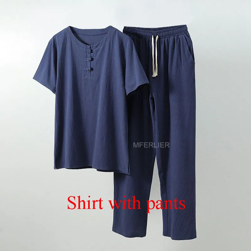 Blue with pants MFERLIER Летняя мужская рубашка 5XL 6XL 7XL 8XL 9XL 10XL бюст 157 см размера плюс льняная рубашка большого размера с брюками мужские 5 цветов - Цвет: Blue with pants