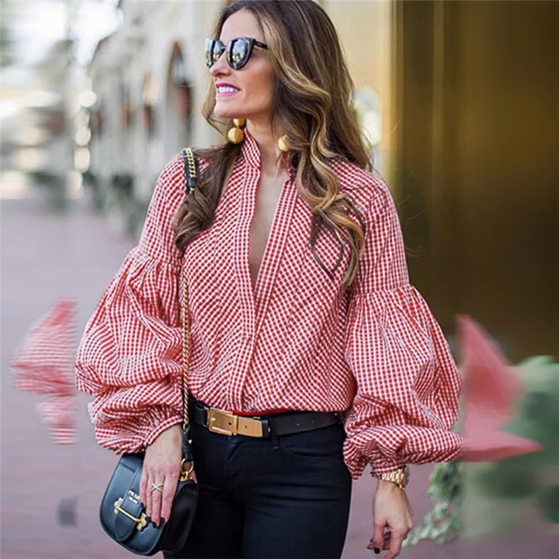 Женская полосатая блузка с длинным рукавом-фонариком осенняя приталенная