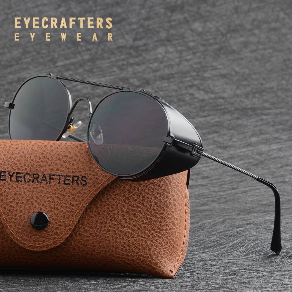 

Black Metallic Vintage Gothic Steampunk Sunglasses For Men Women Side Shield Coating Mirrored Black Retro Round Sunglasses