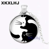 xkxlhj vintage two yin yang cats necklace pendant kolye cabochon long chain statement necklace for fashion women men