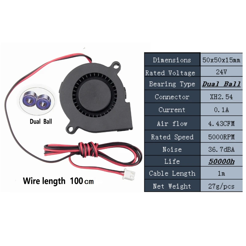 24v long wire Gdstime 2 шт. DC 24 в 12 В 5 в 5015 Вентилятор охлаждения Два Шарикоподшипника 50 мм x 15 мм 2Pin центробежный турбо охладитель 5 см 50x15 мм - Цвет лезвия: 24v long wire