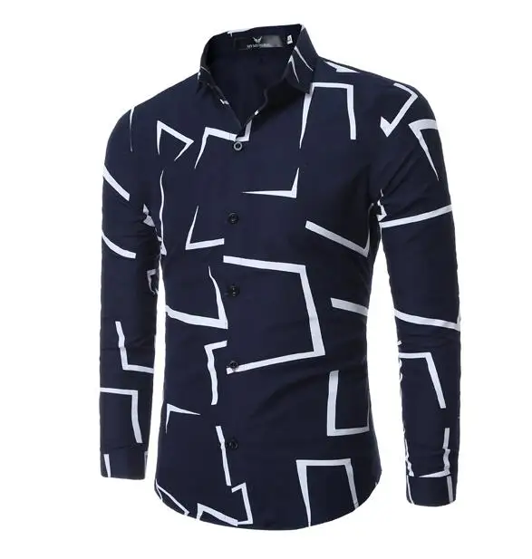 High Quality Men Shirt Brand Fashion Casual Slim Geometric Print Long Sleeve Shirt Men Business Social White Top Clothes