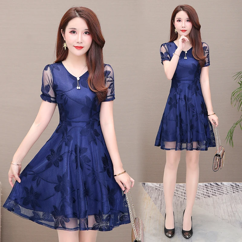 

2019 New Summer Dress Women Sexy Lace Hollow Out Dress Ladies Short Sleeve Plus Size A-line Dress Loose Casual Female Dresses