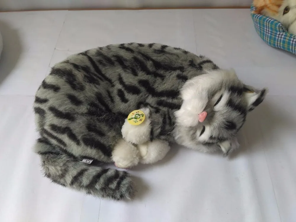 

new simulation gray stripe cat model toy resin&fur breathing cat model gift about 25x18cm 2163