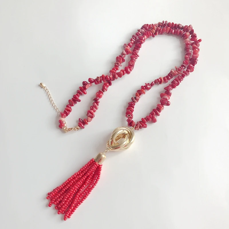 Модное Элегантное длинное ожерелье с подвеской-кисточкой из Красного Камня