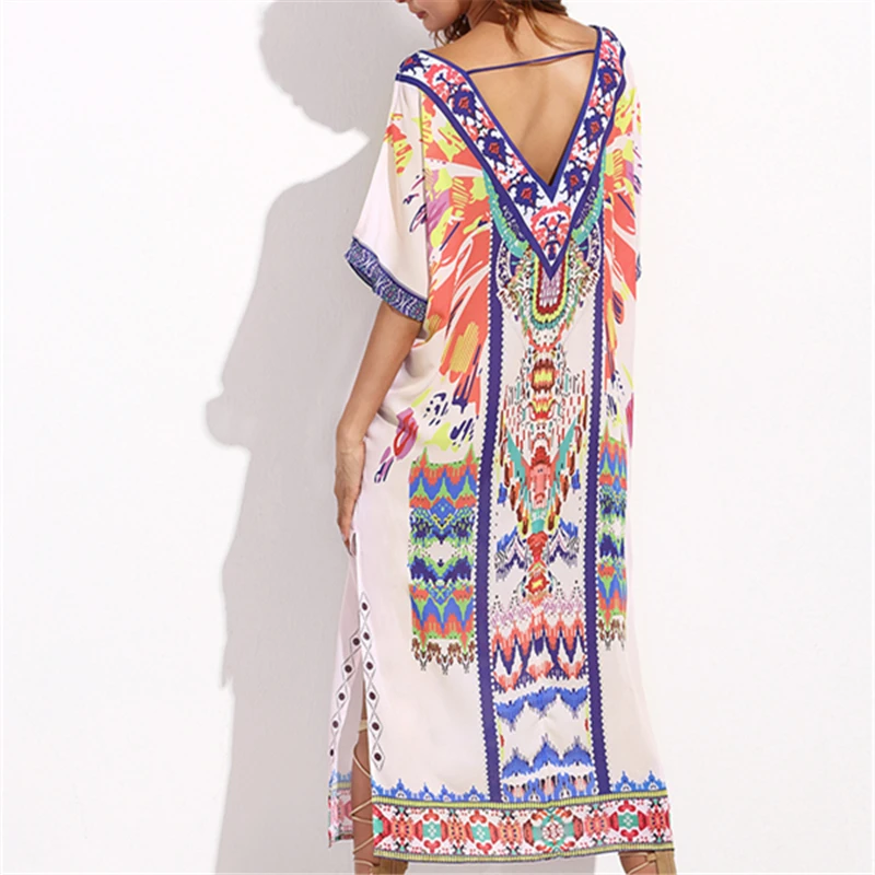 Brand Fashion Printed Kaftan Dress Back Hollow Open Fork Sexy Tied Rope Party Dresses Soft Womens Clothing #D102 | Женская одежда