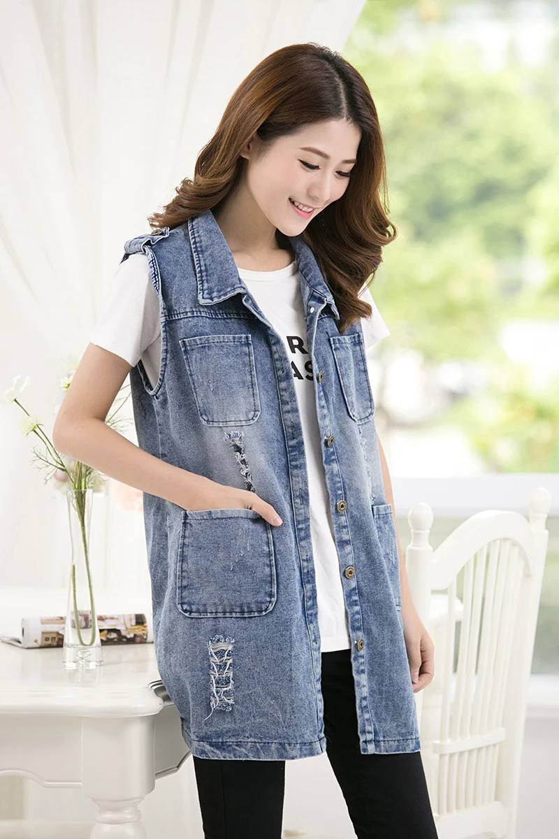 Женский джинсовый жилет бойфренда размера плюс с дырками повседневный длинный