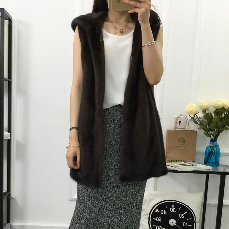 New Women's Mink Fur Coats Sleeveless Vests Real Black/Coffee Color Genuine Coat Winter Luxury Vest Hooded Pockets | Женская одежда