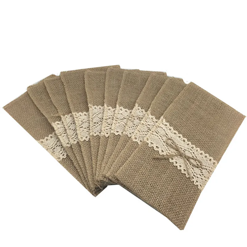 

25pcs Natural Jute Burlap Lace Butterfly Tie Cutlery Holders Packaging Fork and Knife for Wedding , Party Dec 11*21cm AA7892