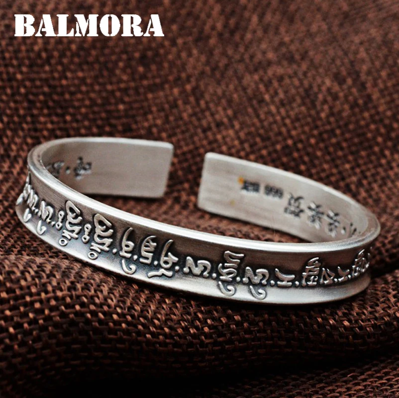 BALMORA 999 чистого серебра буддистское Писание Открытый браслет для женщин мужчин около 18 см Браслет Религиозные ювелирные изделия Pulsera