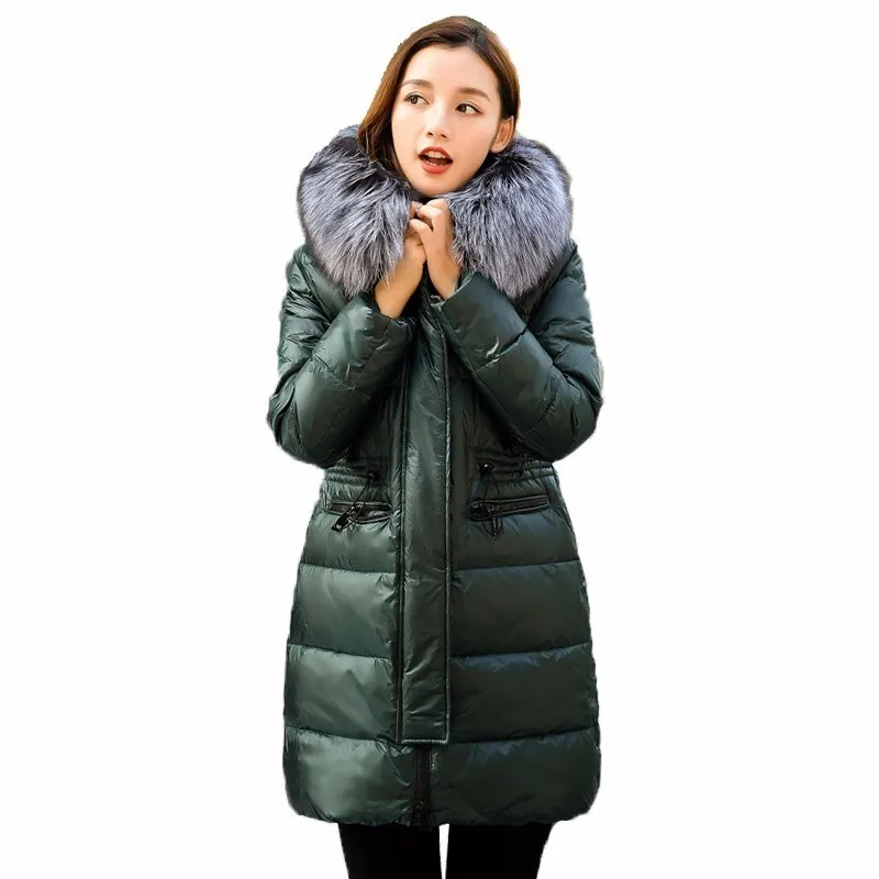 

2018 Winter Silver Fox Fur Collar Women's Down Jackets Fashion Thicken Medium Long Down Coat Female Parkas Snow Outerwears