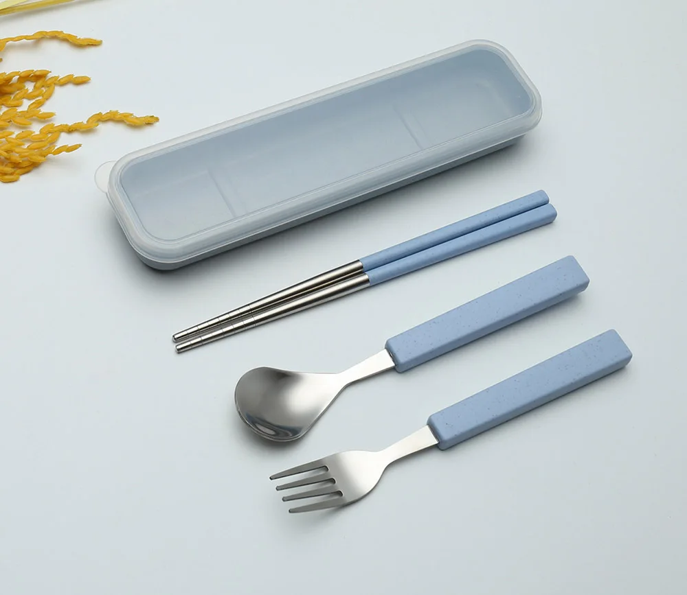Nordic Color Wheat Straw plastic Dinnerware Set Portable Outdoor Camping Picnic School Kids cutlery Stainless Steel Tableware - Color: Blue